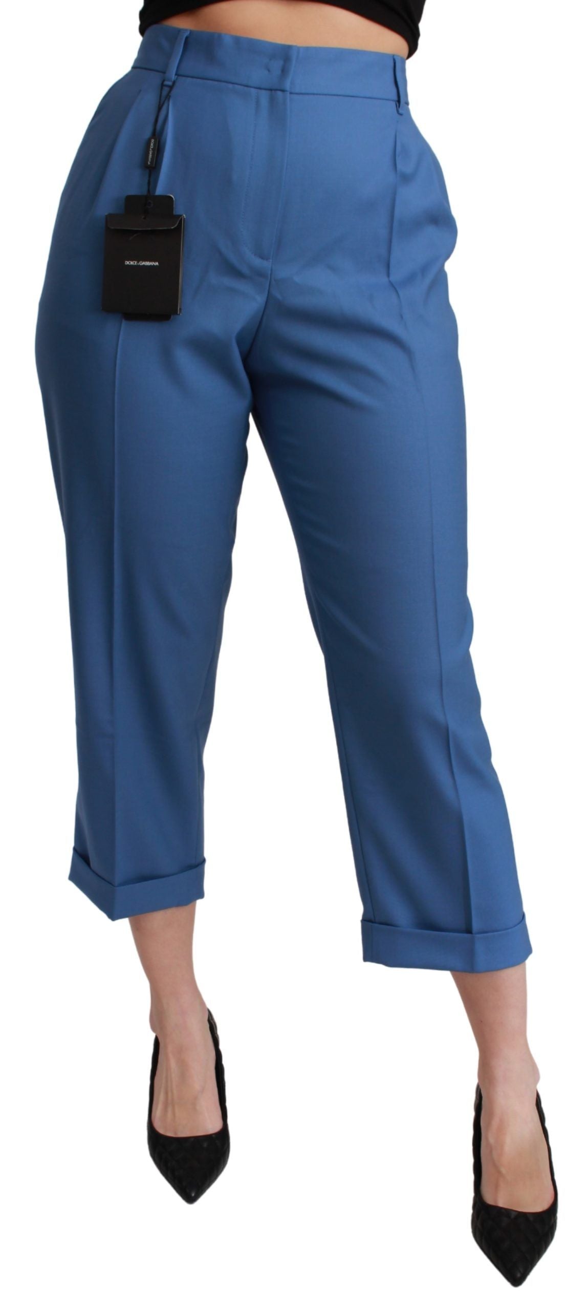 Blue pleated wool cropped trouser pants with cuffed ankles by Dolce & Gabbana, featuring a tailored fit and stylish design.
