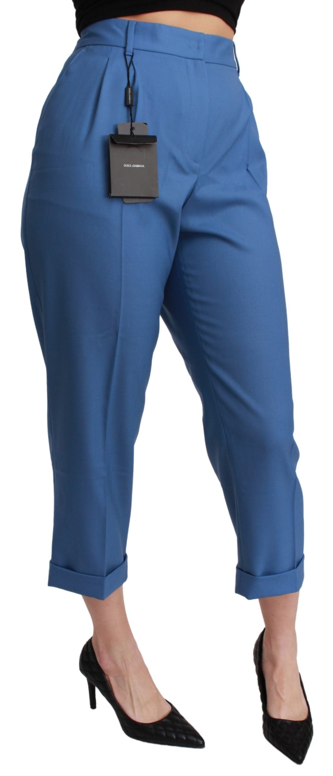 Blue pleated wool cropped trouser pants with cuffed hems by Dolce & Gabbana, showcasing tailored fit and stylish design.