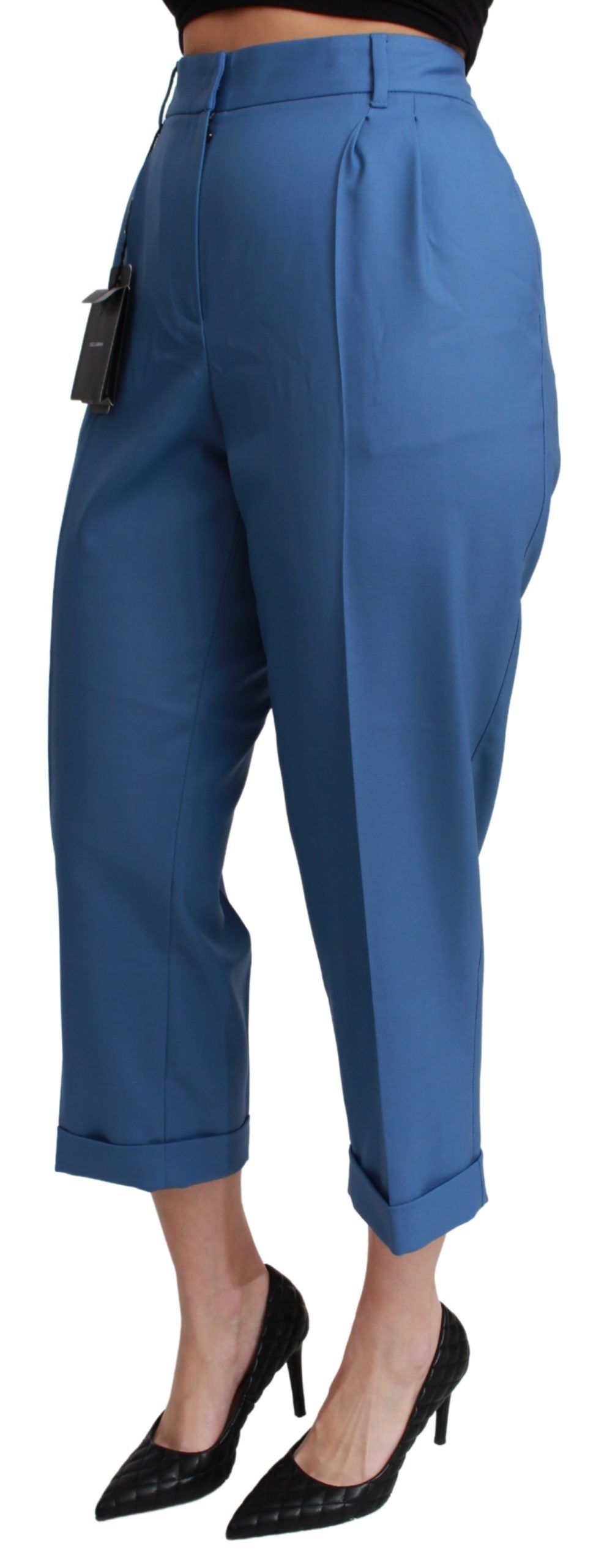 Blue pleated wool cropped trouser pants with cuffed hems by Dolce & Gabbana, showcasing tailored design and polished style.