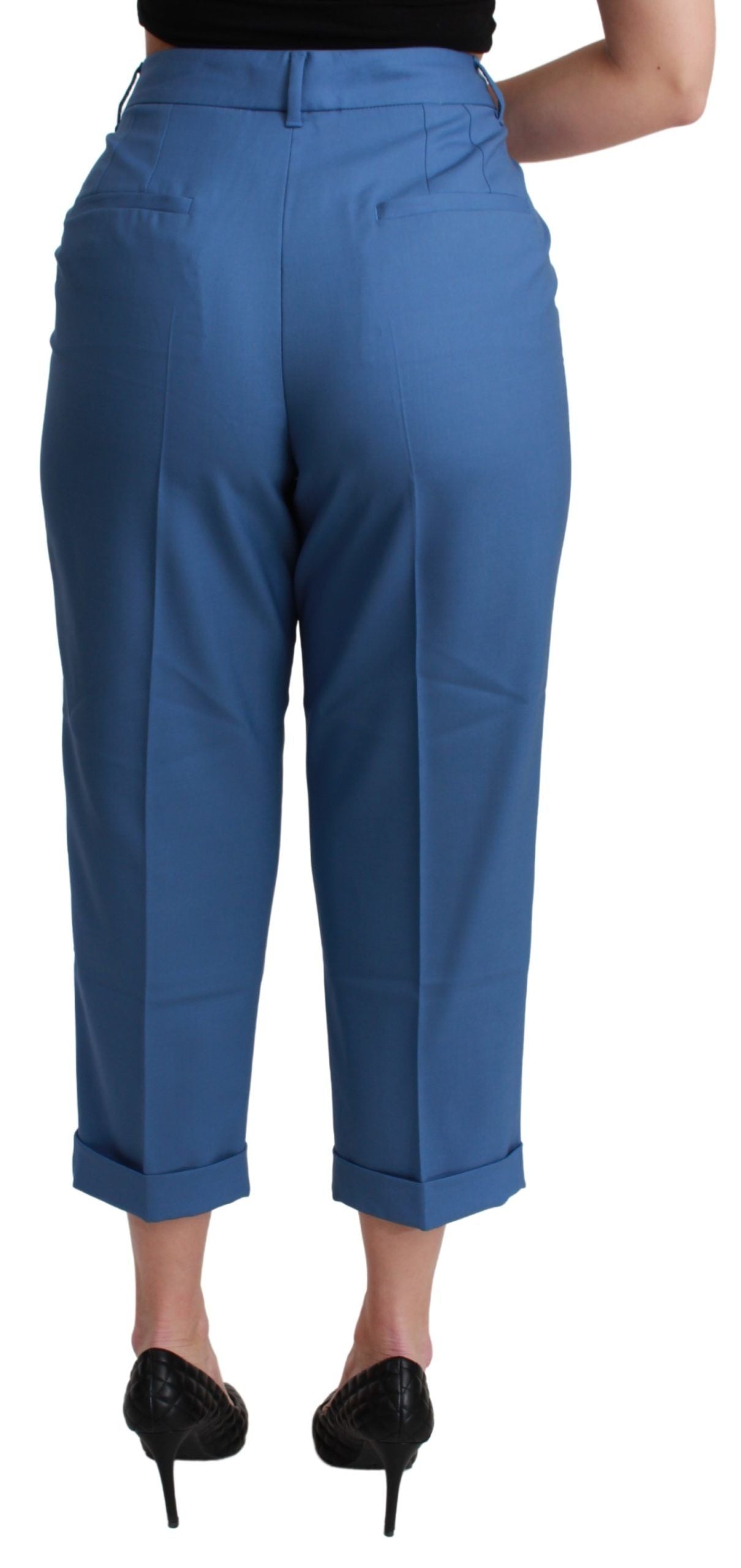 Blue pleated wool cropped trouser pants with cuffed hems from Dolce & Gabbana, featuring a tailored fit and stylish design.