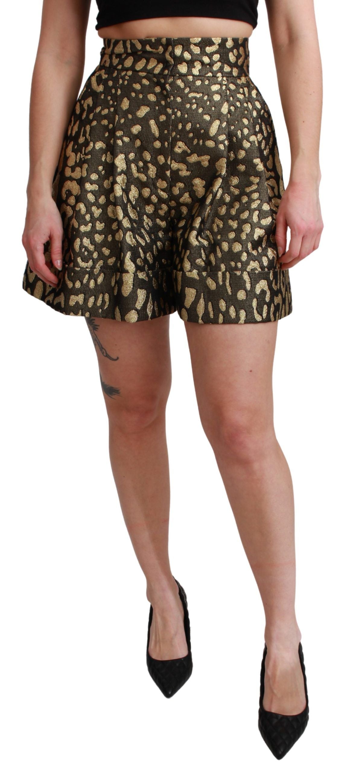 Black gold high waist mini cotton shorts by Dolce & Gabbana, featuring a fitted design and stylish gold accents.