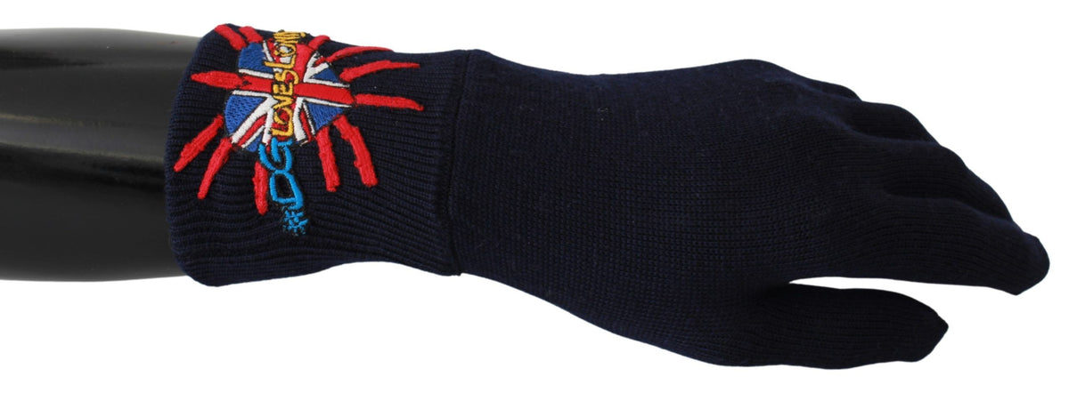 Blue Dolce & Gabbana embroidered wool gloves with intricate DGLovesLondon detailing, stylish winter accessory.