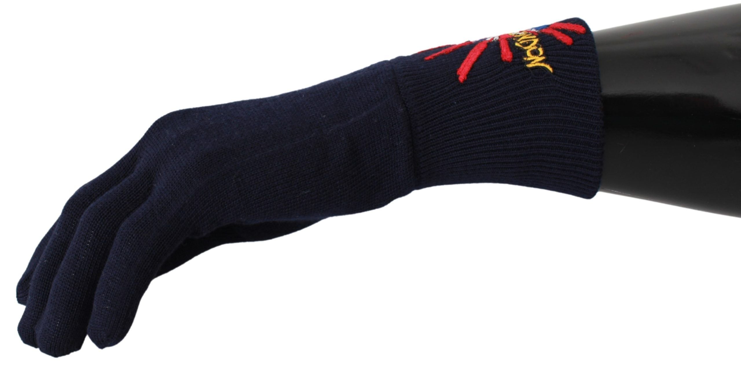 Blue wool gloves with embroidered DGLovesLondon design by Dolce & Gabbana, featuring detailed stitching and a stylish fit.