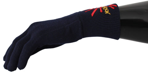 Blue wool gloves with embroidered DGLovesLondon design by Dolce & Gabbana, featuring detailed stitching and a stylish fit.