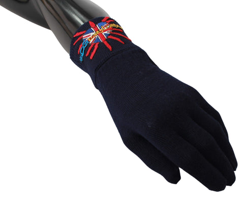 Blue wool gloves with embroidered DGLovesLondon logo by Dolce & Gabbana, showcasing detailed embroidery and soft knit texture.