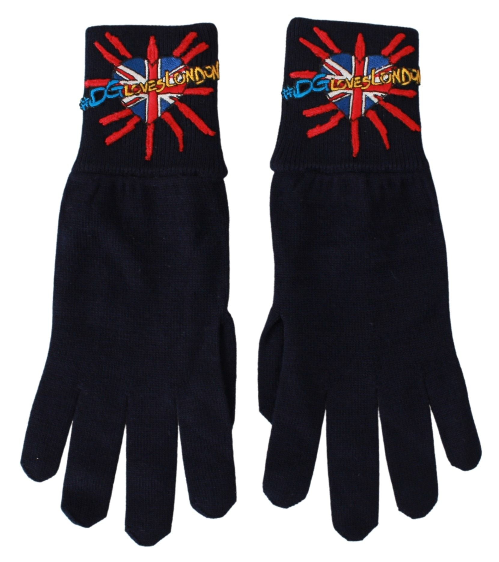 Blue embroidered wool gloves by Dolce & Gabbana with intricate DGLovesLondon logo embroidery on the back.