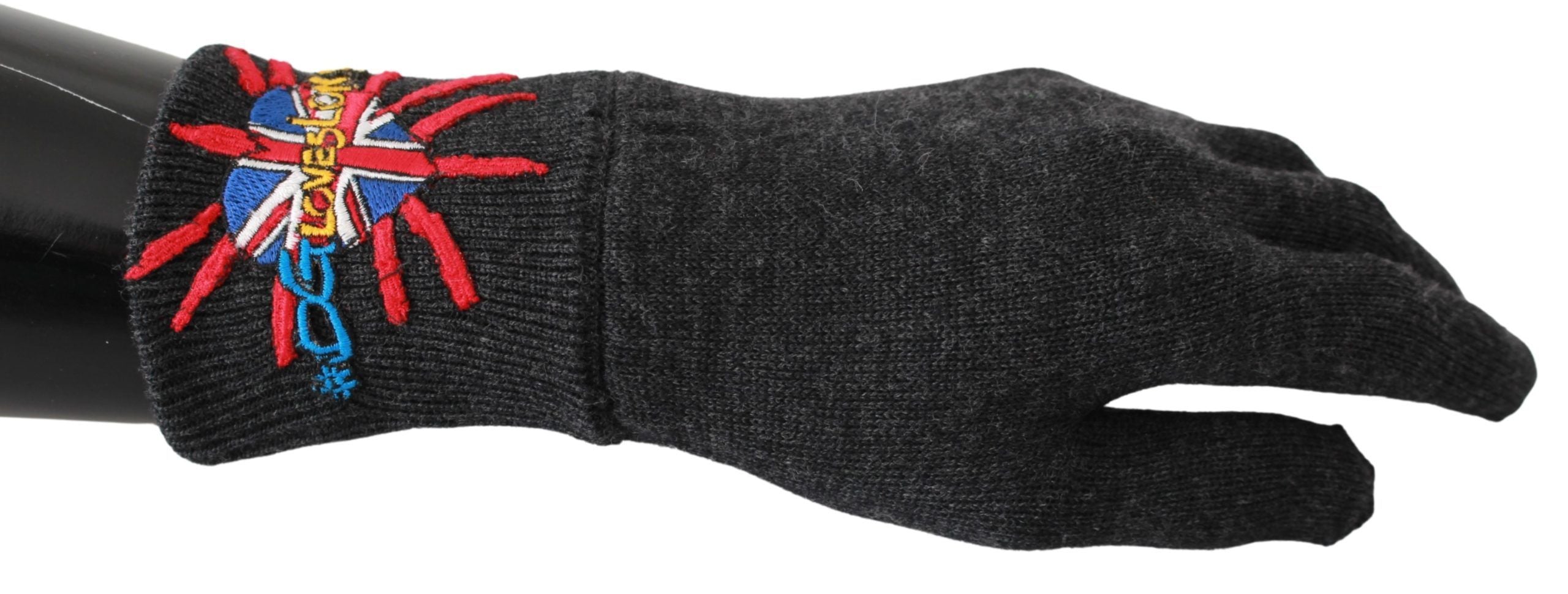 Gray wool gloves with embroidered DGLovesLondon logo from Dolce & Gabbana, showcasing detailed embroidery and soft texture.