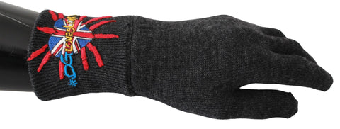 Gray wool gloves with embroidered DGLovesLondon logo from Dolce & Gabbana, showcasing detailed embroidery and soft texture.