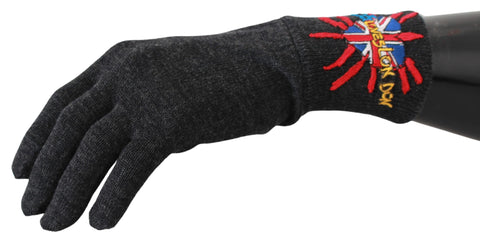 Gray embroidered wool gloves by Dolce & Gabbana with intricate DGLovesLondon embroidery on the cuffs.