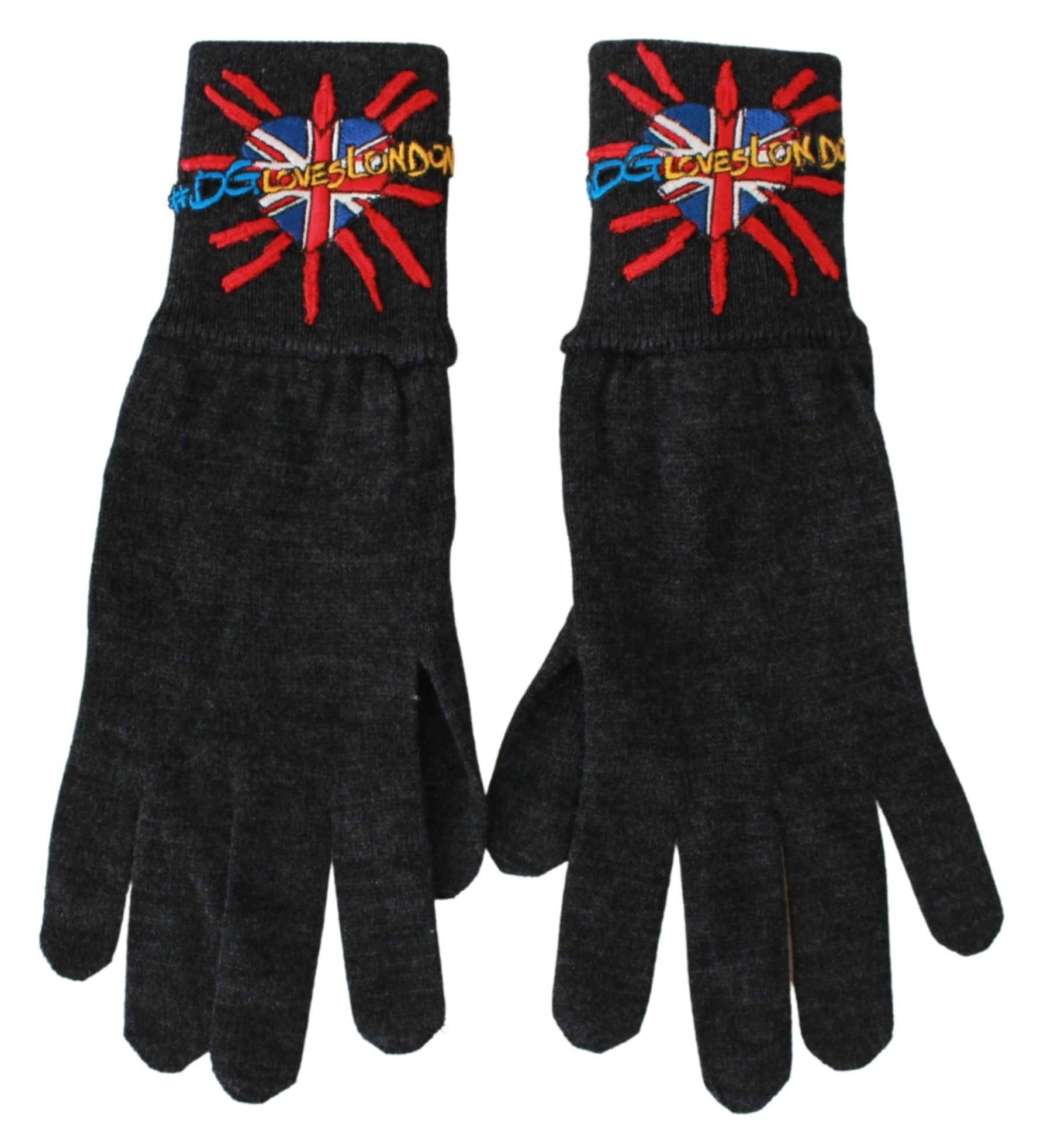 Gray Dolce & Gabbana embroidered wool gloves with intricate DGLovesLondon embroidery and a cozy, stylish winter design.