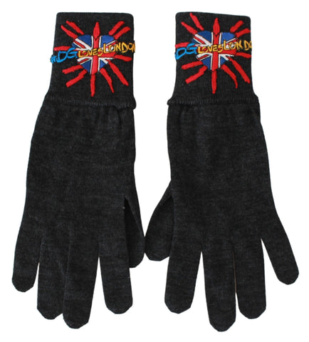Gray Dolce & Gabbana embroidered wool gloves with intricate DGLovesLondon embroidery and a cozy, stylish winter design.