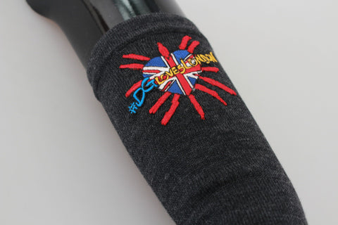 Gray Virgin Wool gloves with embroidered design by Dolce & Gabbana, stylish winter accessory with a luxurious look.