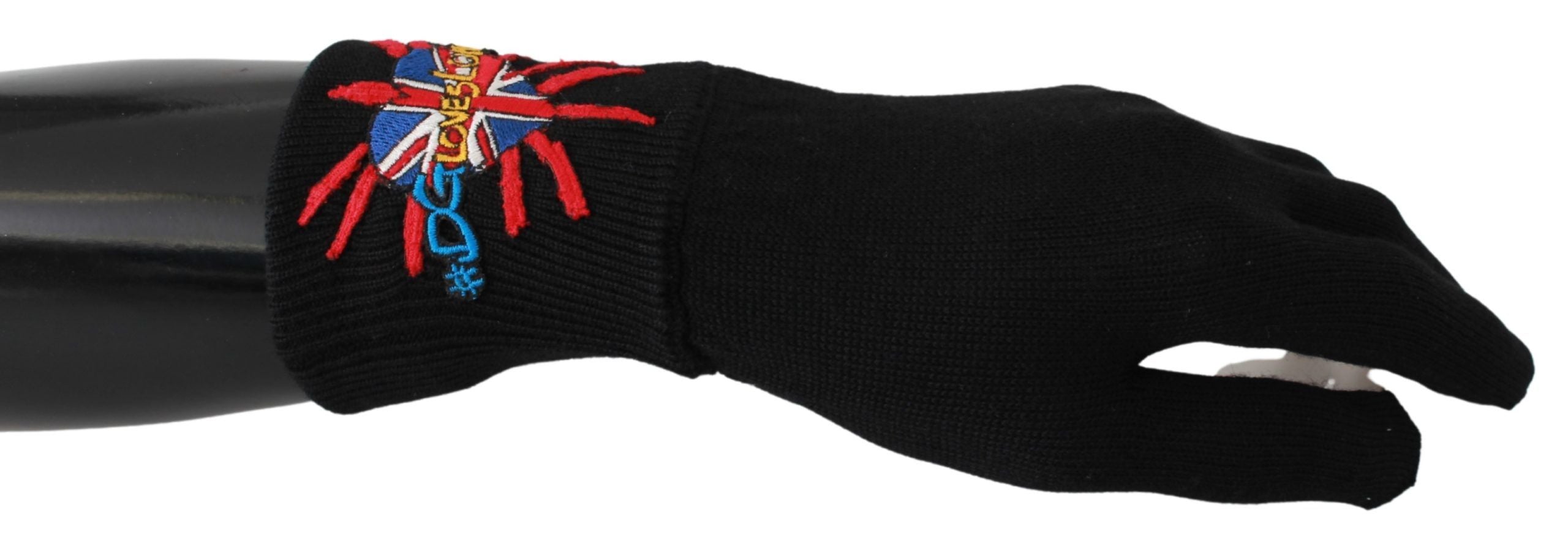 Black wool gloves with embroidered DGLovesLondon logo by Dolce & Gabbana, stylish winter accessory with detailed stitching.