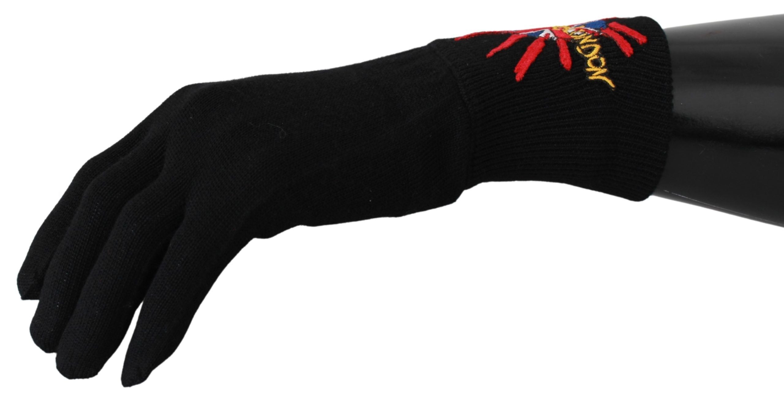 Black Wool Gloves with embroidered DGLovesLondon logo by Dolce & Gabbana, featuring intricate embroidery and soft wool texture.
