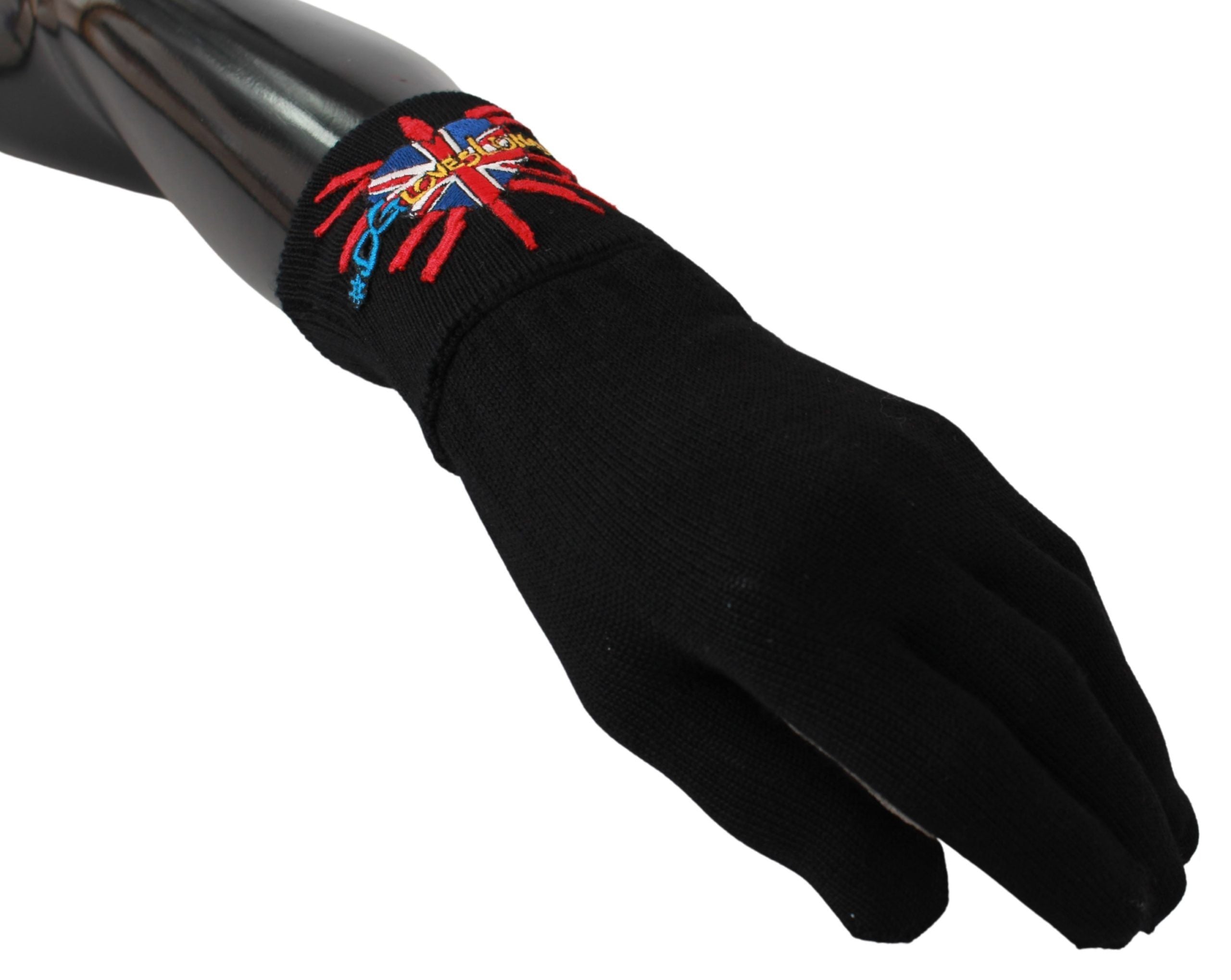 Black wool gloves with embroidered DGLovesLondon logo by Dolce & Gabbana, featuring detailed stitching and a stylish fit.