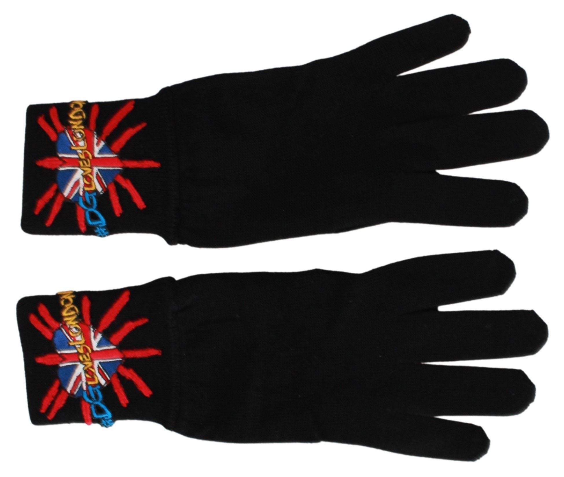 Black wool gloves with embroidered DGLovesLondon logo by Dolce & Gabbana, featuring detailed craftsmanship and soft texture.