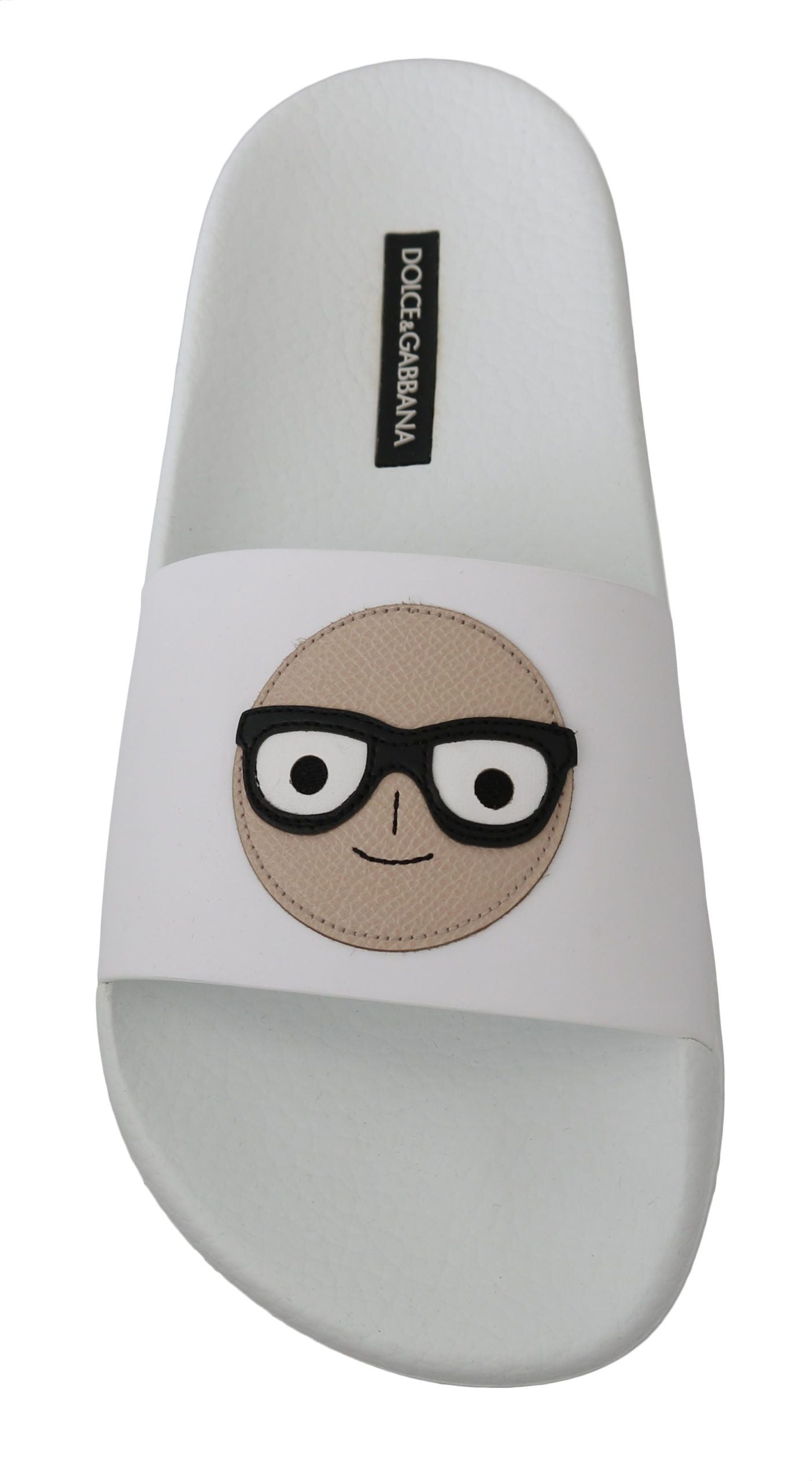 White leather Dolce & Gabbana #dgfamily slides shoes with open-toe design and casual slip-on style.
