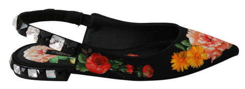 Black floral crystal slingback flats shoes by Dolce & Gabbana with elegant floral details and crystal embellishments.