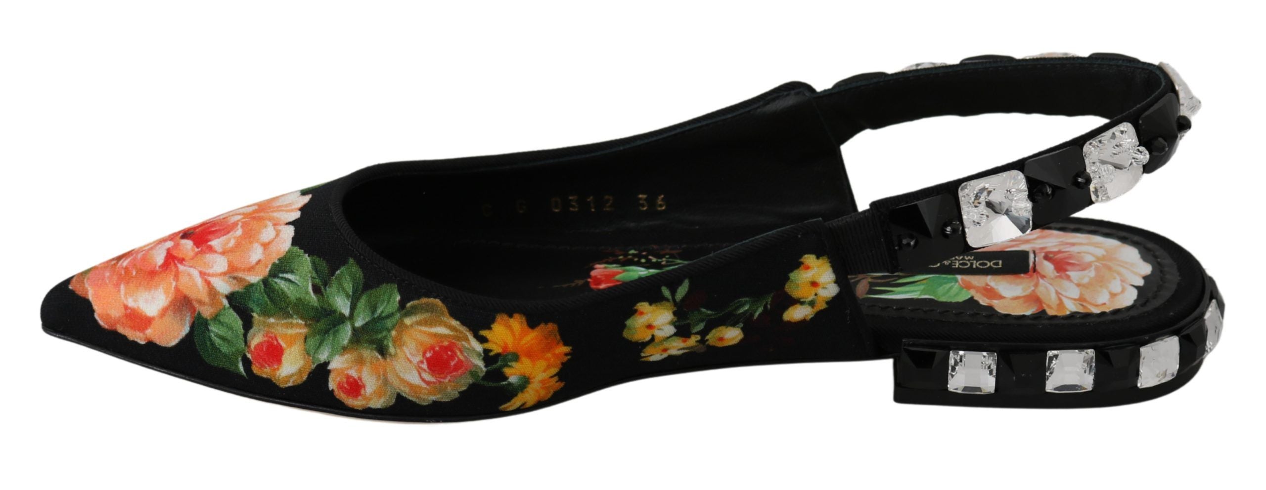 Black floral crystal slingback flats shoes by Dolce & Gabbana, featuring elegant floral embellishments and crystal accents.