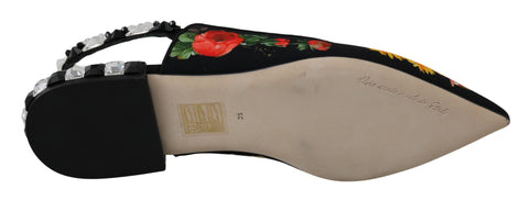 Black floral crystal slingback flats shoes by Dolce & Gabbana with elegant floral design and crystal embellishments.