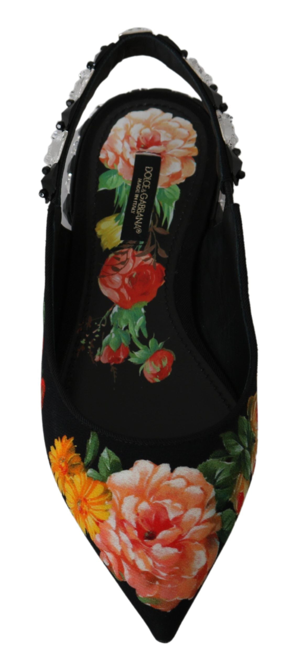 Black floral crystal slingback flats shoes by Dolce & Gabbana with elegant floral embellishments and crystal accents.