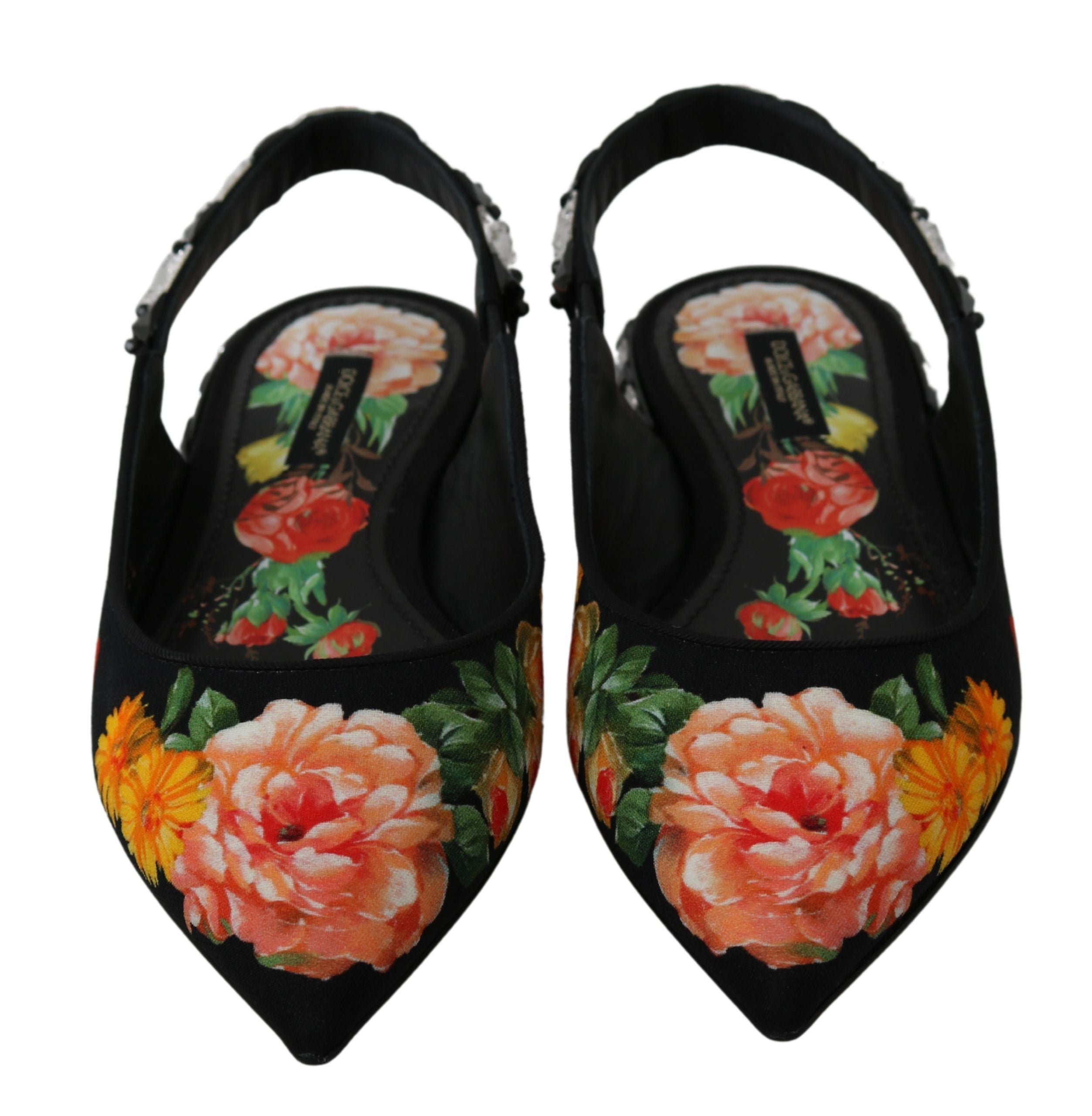 Black floral crystal slingback flats shoes by Dolce & Gabbana, featuring elegant floral design and sparkling crystal accents.