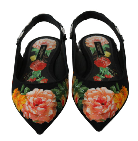 Black floral crystal slingback flats shoes by Dolce & Gabbana, featuring elegant floral design and sparkling crystal accents.