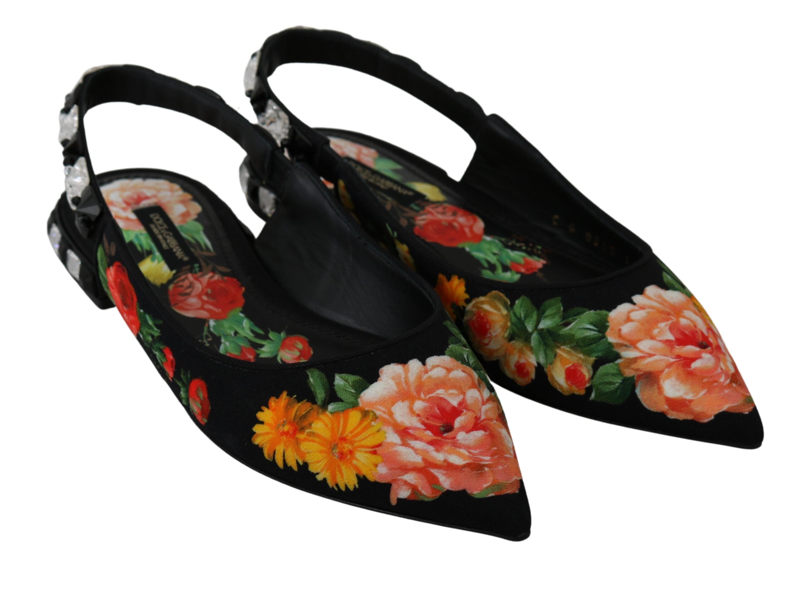 Black floral crystal slingback flats shoes by Dolce & Gabbana with elegant floral details and crystal embellishments.