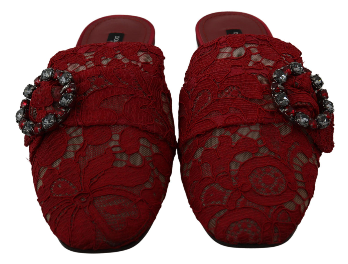 Red lace crystal slide-on flats shoes by Dolce & Gabbana with elegant lace and sparkling crystal embellishments.