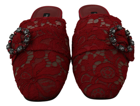 Red lace crystal slide-on flats shoes by Dolce & Gabbana with elegant lace and sparkling crystal embellishments.
