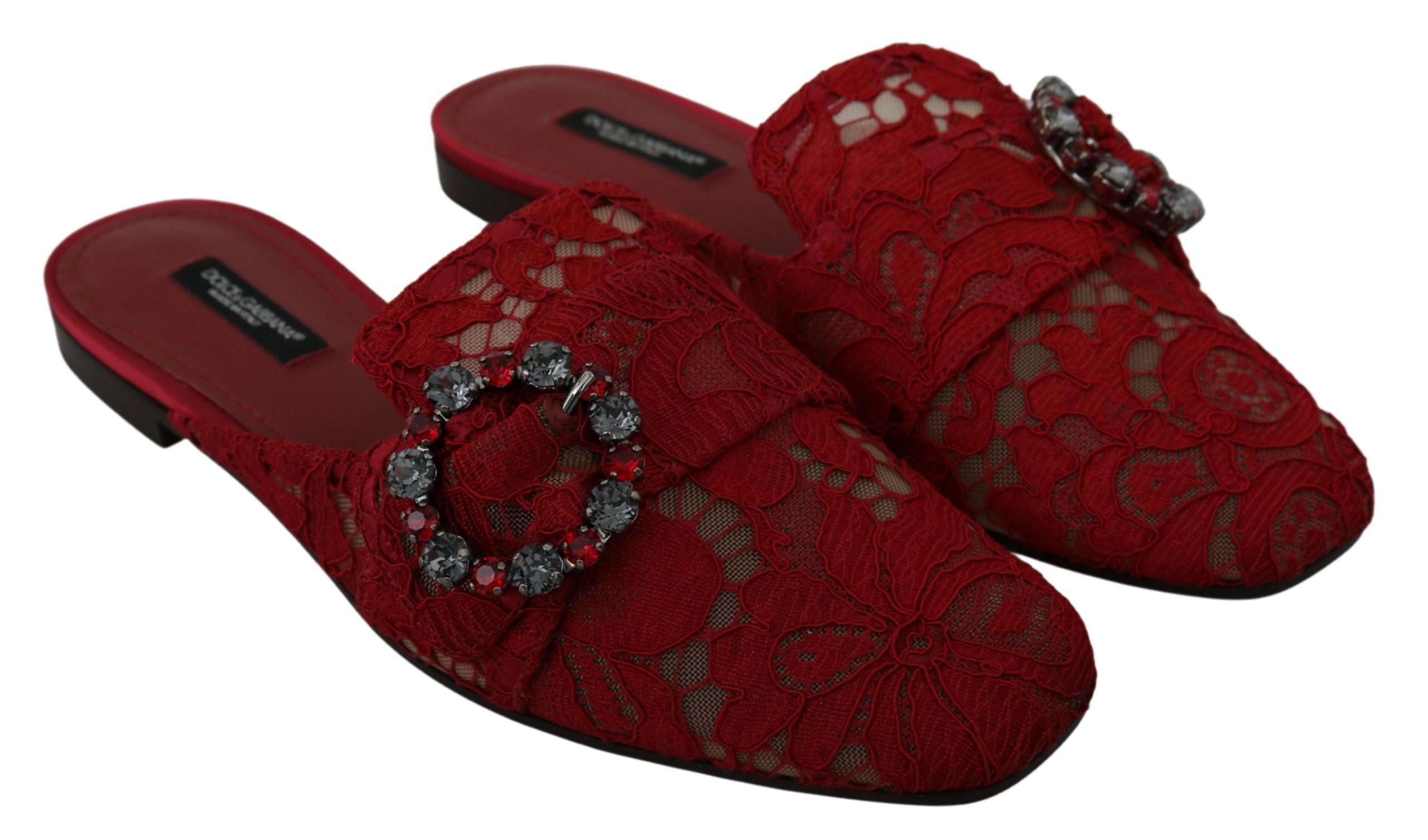 Red lace crystal slide-on flats shoes by Dolce & Gabbana with decorative crystals and lace detailing.