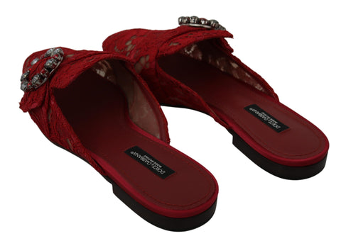 Red lace crystal slide-on flats shoes by Dolce & Gabbana with delicate lace details and sparkling crystal embellishments.