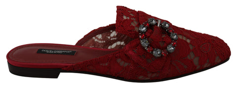 Red lace crystal slide-on flats shoes by Dolce & Gabbana, featuring elegant lace details and sparkling crystal embellishments.