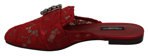 Red lace crystal slide-on flats shoes by Dolce & Gabbana with intricate lace detailing and sparkling crystal accents.