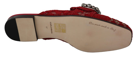Red lace crystal slide-on flats shoes by Dolce & Gabbana with intricate lace and crystal embellishments, stylish and elegant.