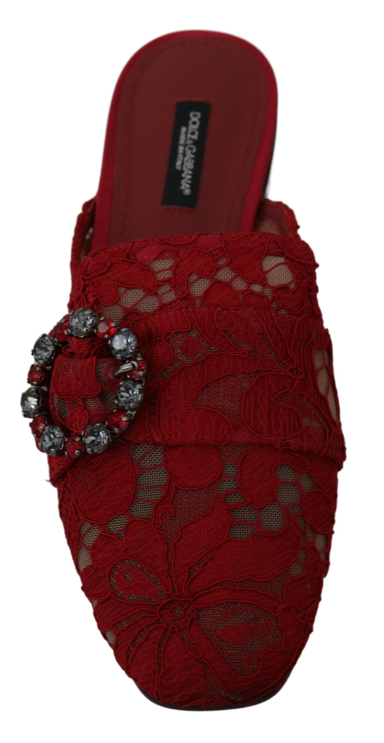 Red lace crystal slide-on flats shoes by Dolce & Gabbana, featuring delicate lace and sparkling crystal embellishments.
