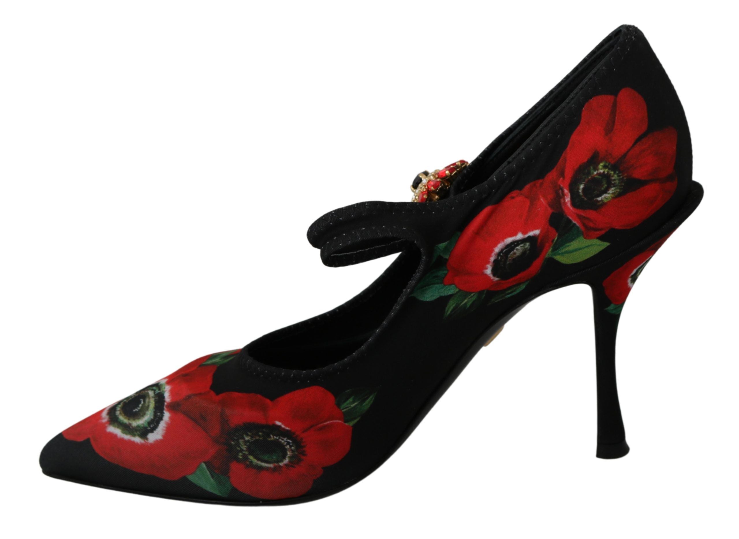 Black and red floral Mary Jane pumps from Dolce & Gabbana with a rounded toe and strap, featuring a stylish and elegant design.