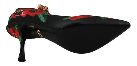 Black and red floral Mary Jane pumps by Dolce & Gabbana featuring a classic strap and stylish design.