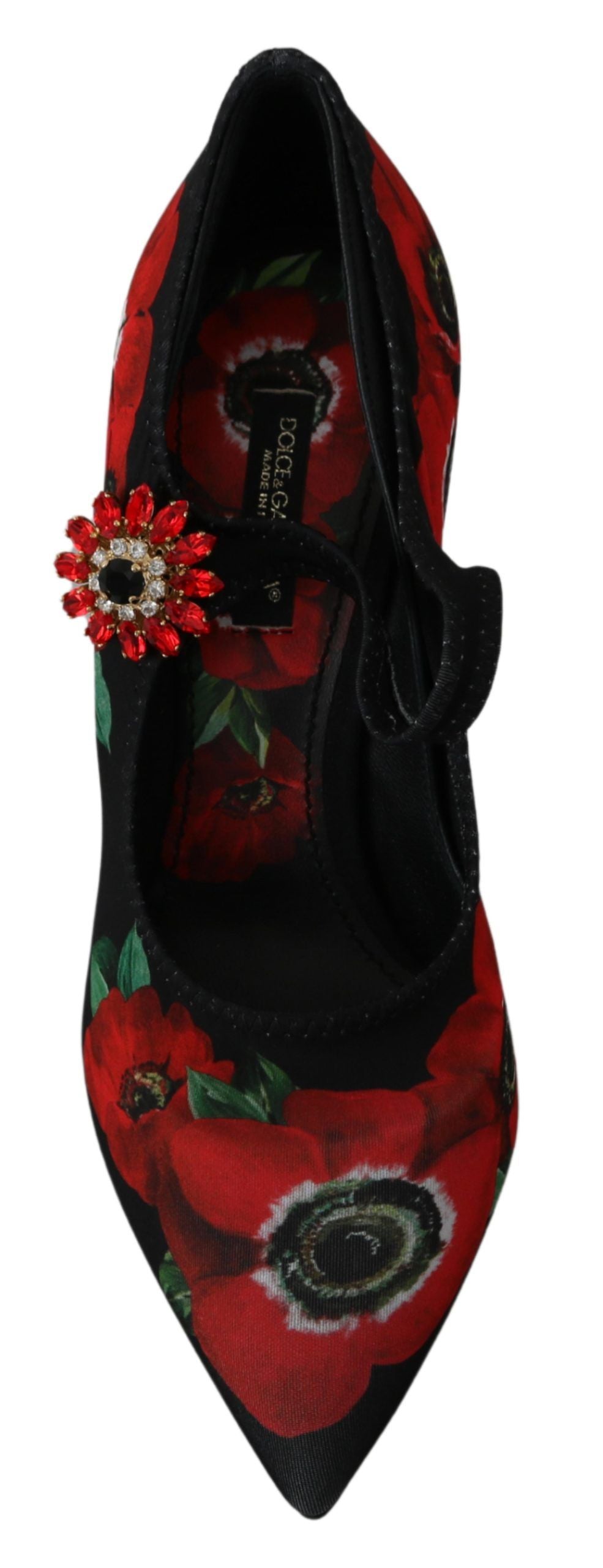 Black and red floral Mary Jane pumps by Dolce & Gabbana with rounded toe and strap, stylish and elegant footwear.