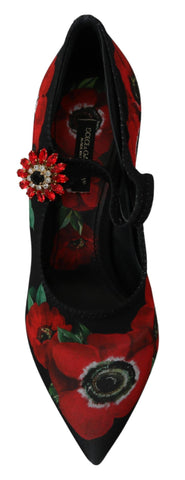 Black and red floral Mary Jane pumps by Dolce & Gabbana with rounded toe and strap, stylish and elegant footwear.