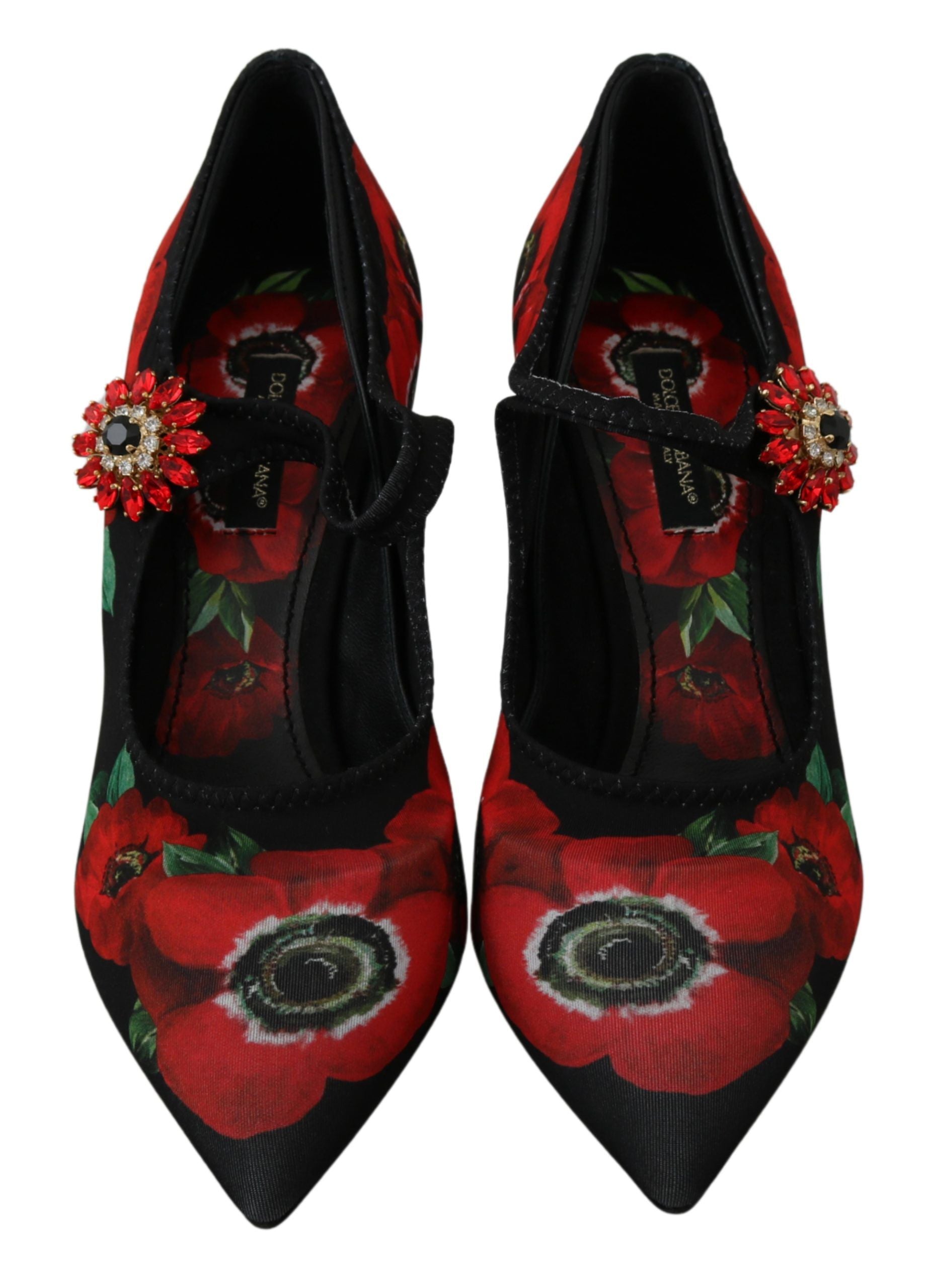 Black and red floral Mary Jane pumps by Dolce & Gabbana with rounded toe and decorative strap, designed for stylish comfort.