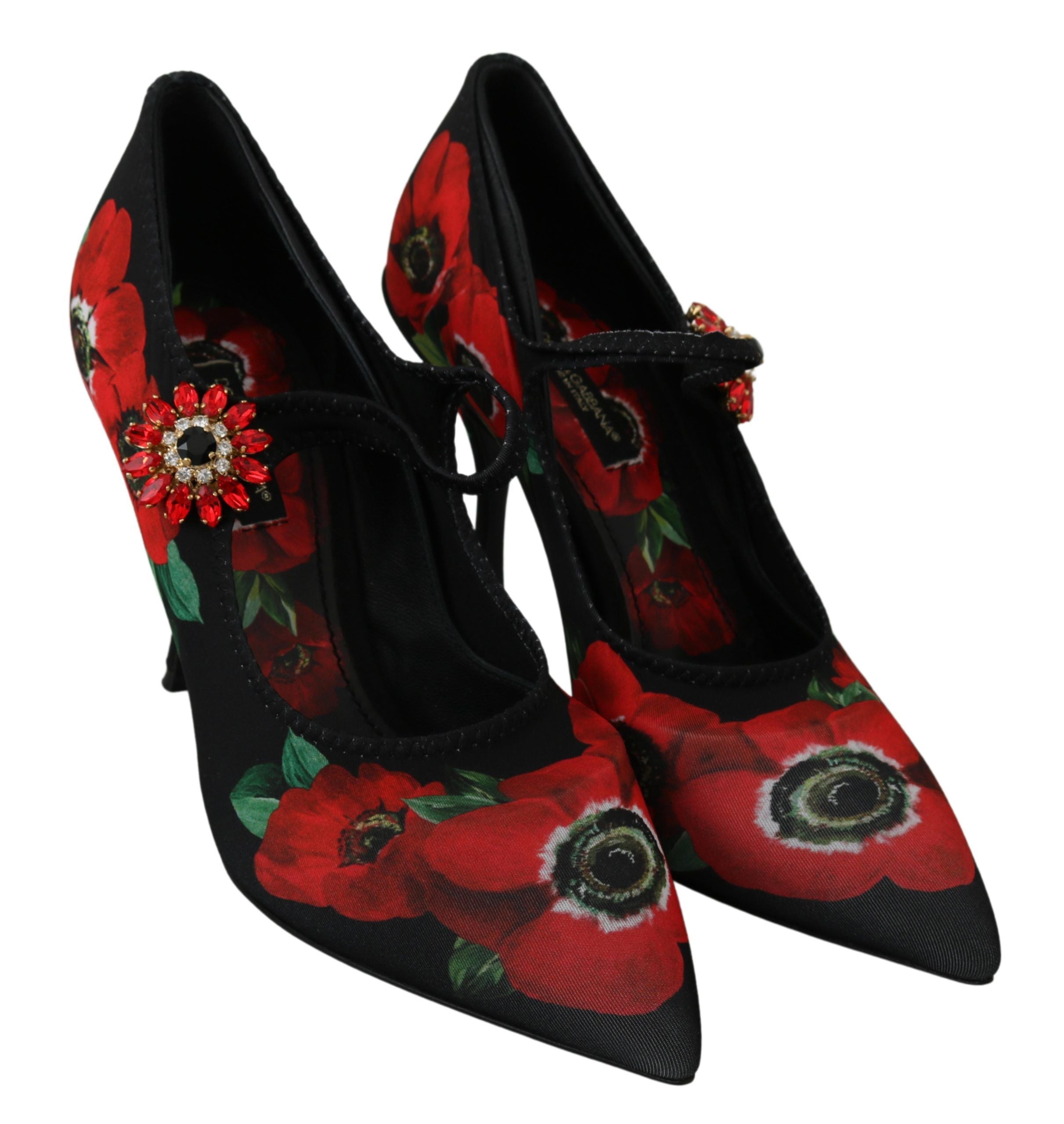 Black and red floral Mary Jane pumps by Dolce & Gabbana, featuring a classic strap and elegant floral pattern.