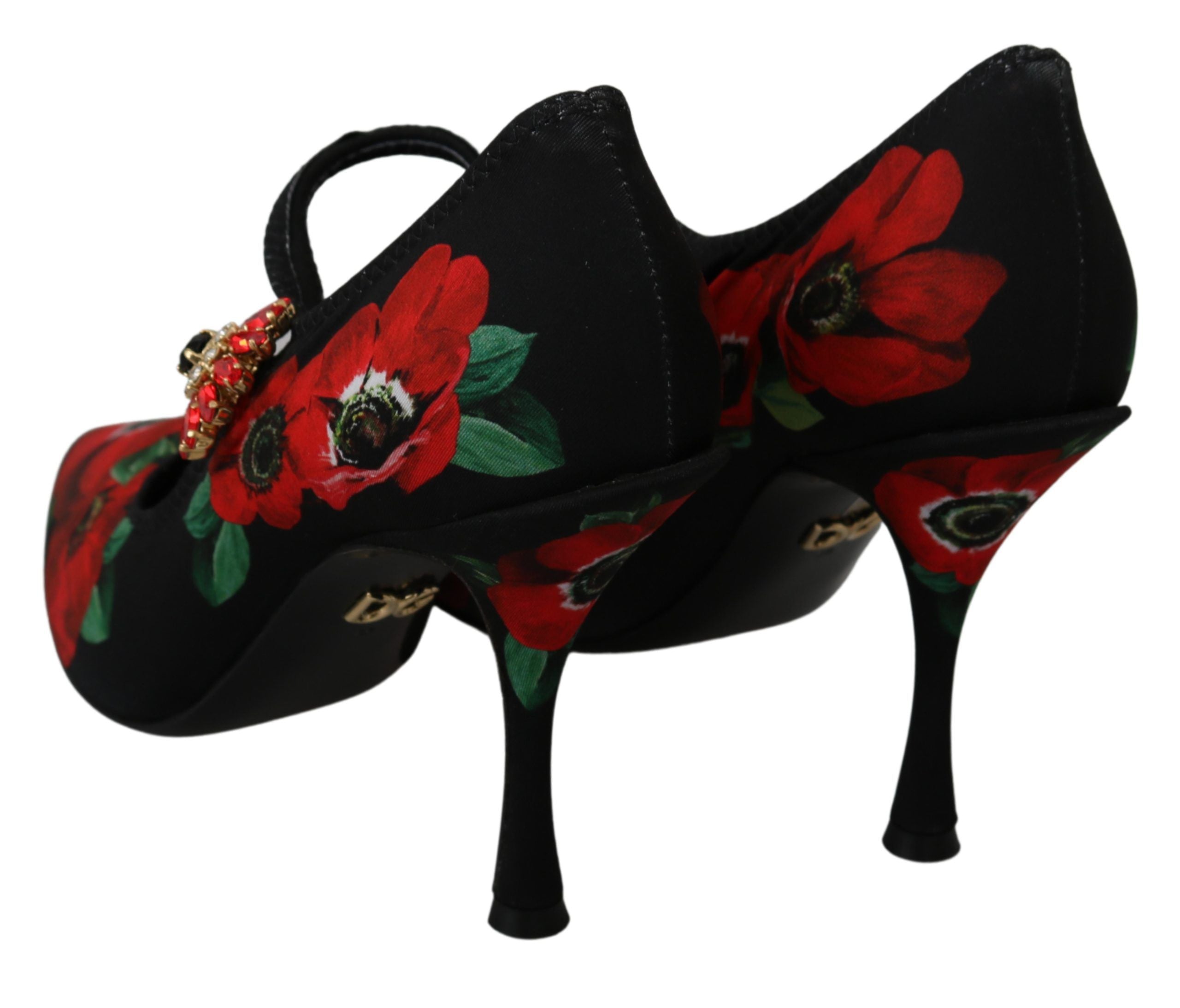 Black and red floral Mary Jane pumps by Dolce & Gabbana with rounded toe and stylish strap detail.
