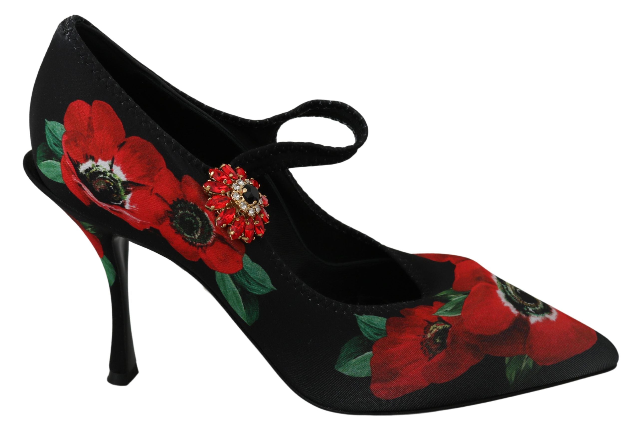 Black and red floral Mary Jane pumps by Dolce & Gabbana with rounded toe and strap, stylish and elegant footwear.