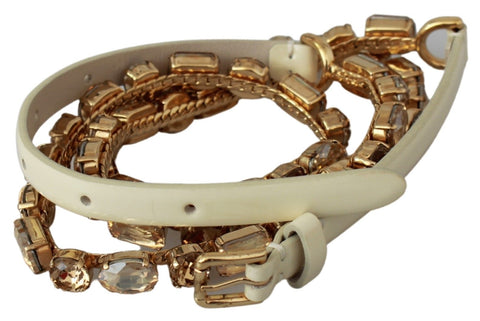 White leather waist belt with crystal embellishments by Dolce & Gabbana, featuring a sleek design and elegant detailing.