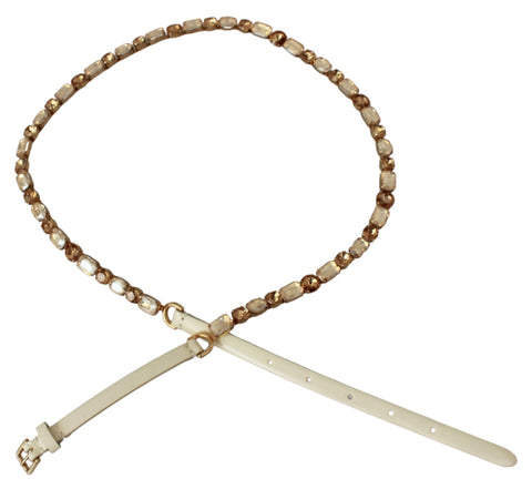 White leather waist belt with crystal embellishments from Dolce & Gabbana, featuring a sleek design and elegant detailing.