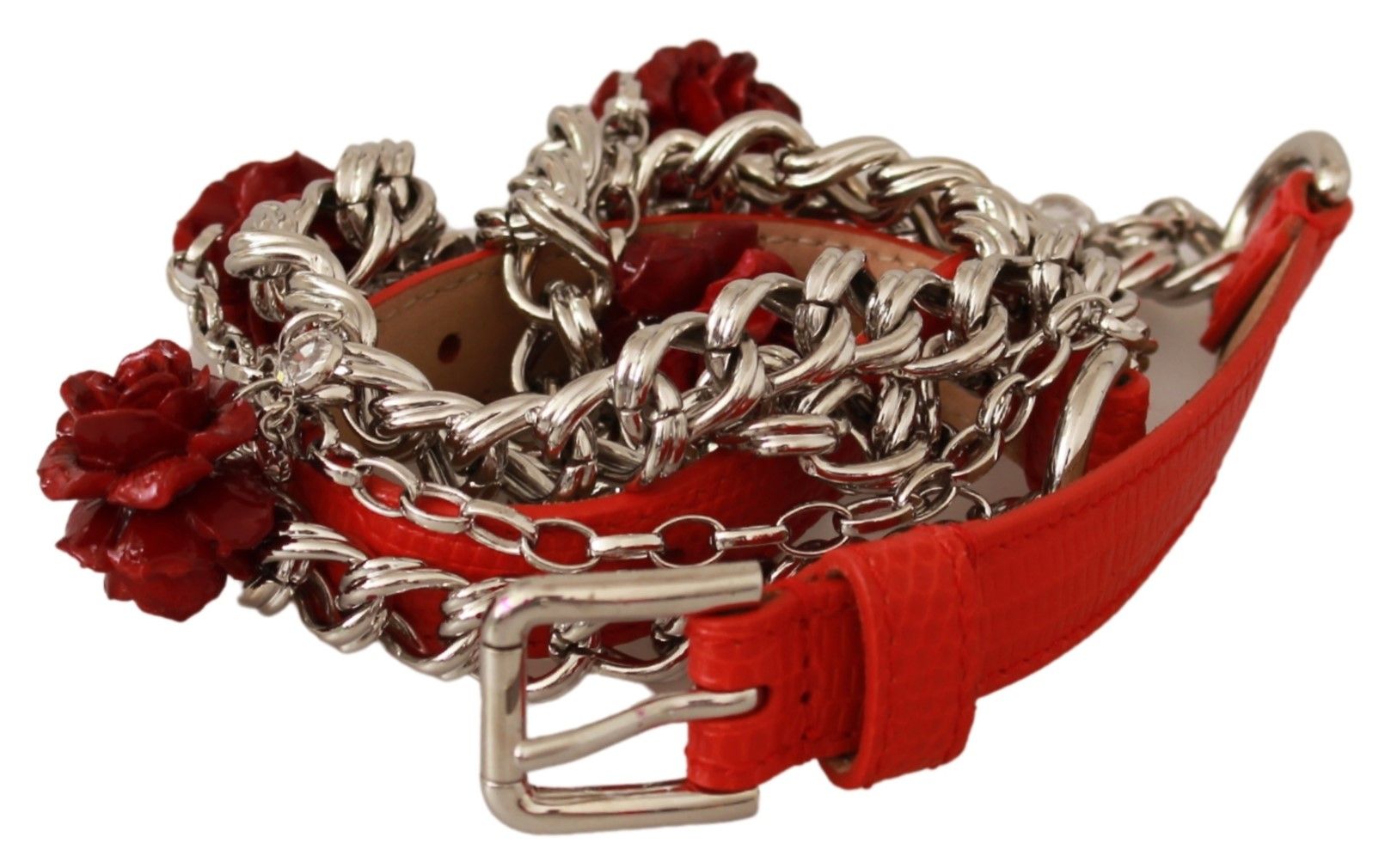 Red leather rose floral waist belt by Dolce & Gabbana with silver buckle, detailed close-up of the elegant design.