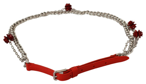 Red leather roses floral silver waist belt by Dolce & Gabbana, featuring intricate rose details and a sleek silver buckle.