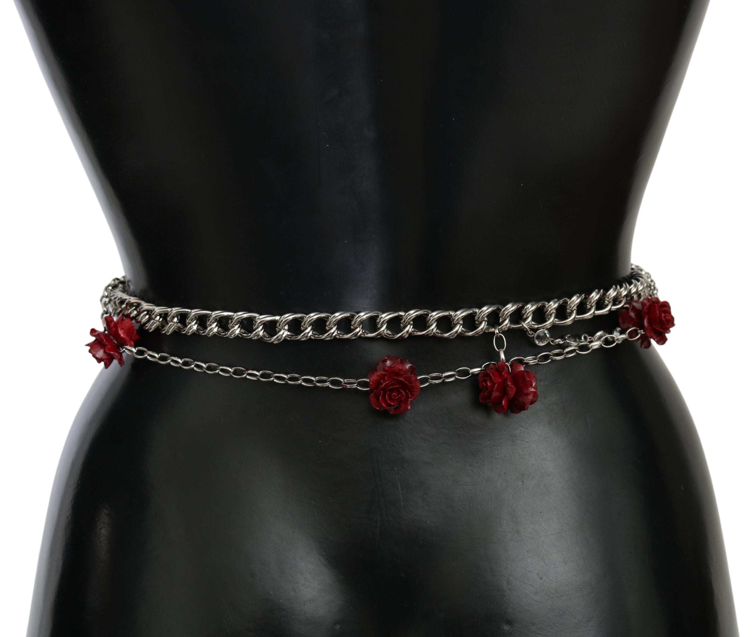 Red leather roses floral silver waist belt by Dolce & Gabbana, featuring intricate rose details and a polished silver buckle.
