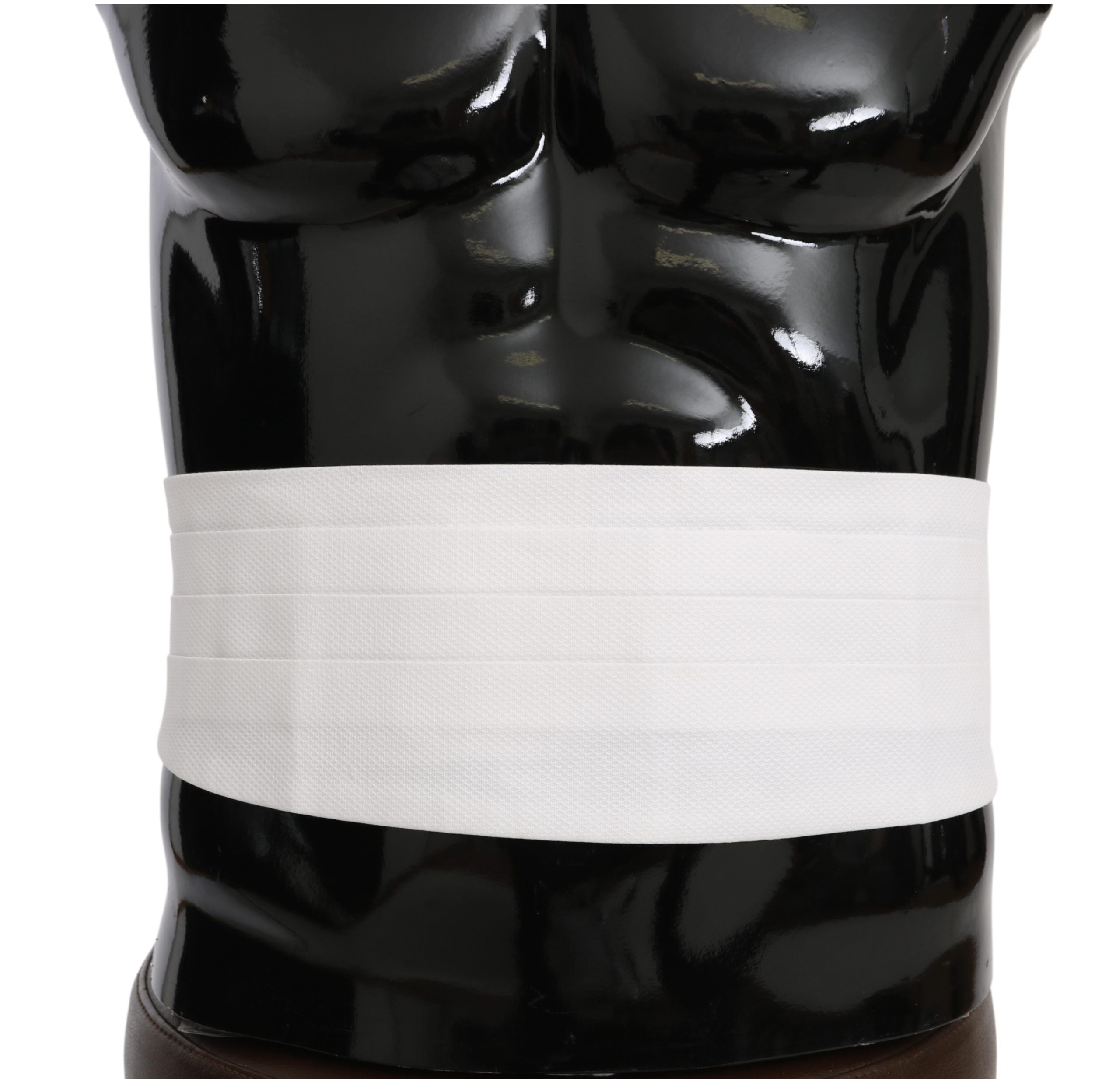 White men's cotton waist belt with a sleek design, styled as a cummerbund, by Dolce & Gabbana, shown laid flat on a neutral background.